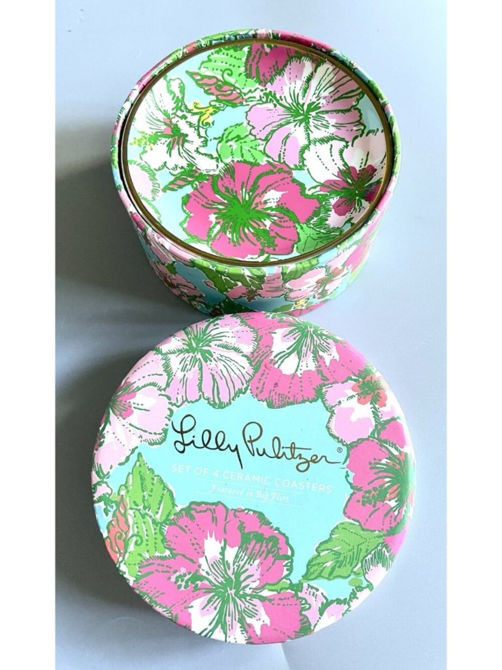 Lilly Pulitzer Ceramic Coasters Set of 4 Pink Hibiscus Floral Boxed Round